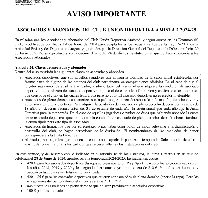 Comunicado para Asociados y Abonados del Club Unión Deportiva Amistad